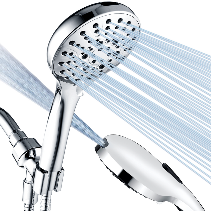 BRIGHT SHOWERS High Pressure 9 Spray Settings Shower Head, Built in Power Wash to Clean Tub and Pets, Long 69" Hose, Adjustable Bracket (PSS9901)