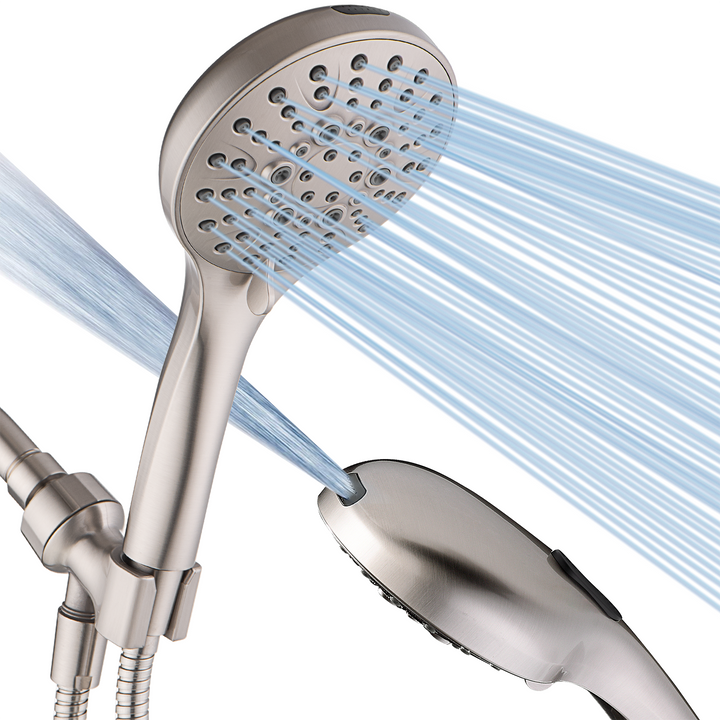 BRIGHT SHOWERS High Pressure 9 Spray Settings Shower Head, Built in Power Wash to Clean Tub and Pets, Long 69" Hose, Adjustable Bracket (PSS9901)