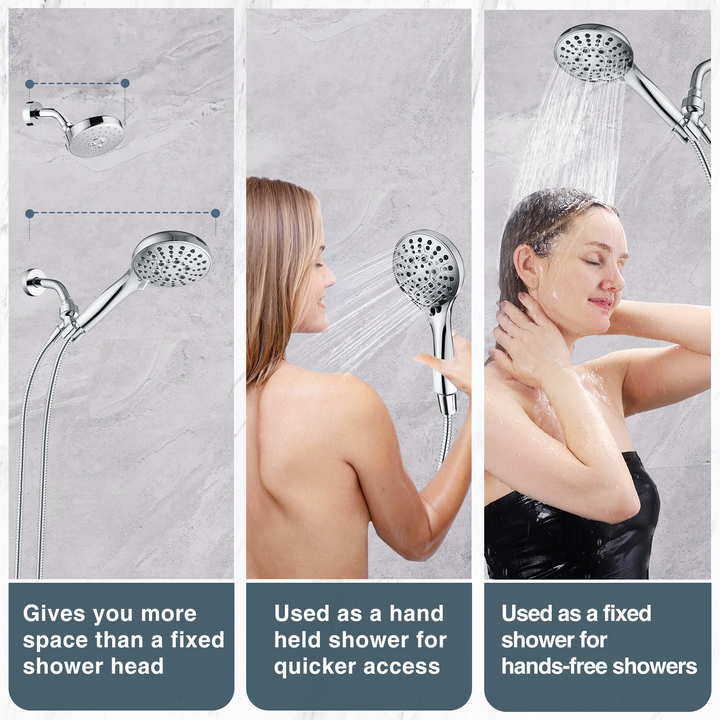 BRIGHT SHOWERS High Pressure 9 Spray Settings Shower Head, Built in Power Wash to Clean Tub and Pets, Long 69" Hose, Adjustable Bracket (PSS9901)