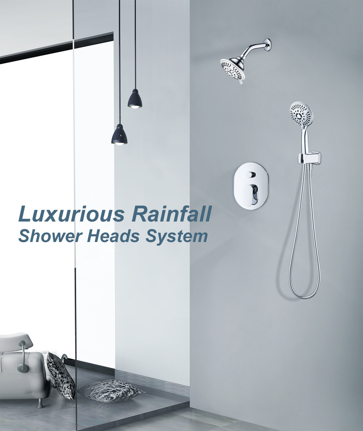 BRIGHT SHOWERS Rainfall Shower Head with High Rise Shower Arm, Shower Head Combo, Shower Valve,  Shower Trim Kit (FT20350)