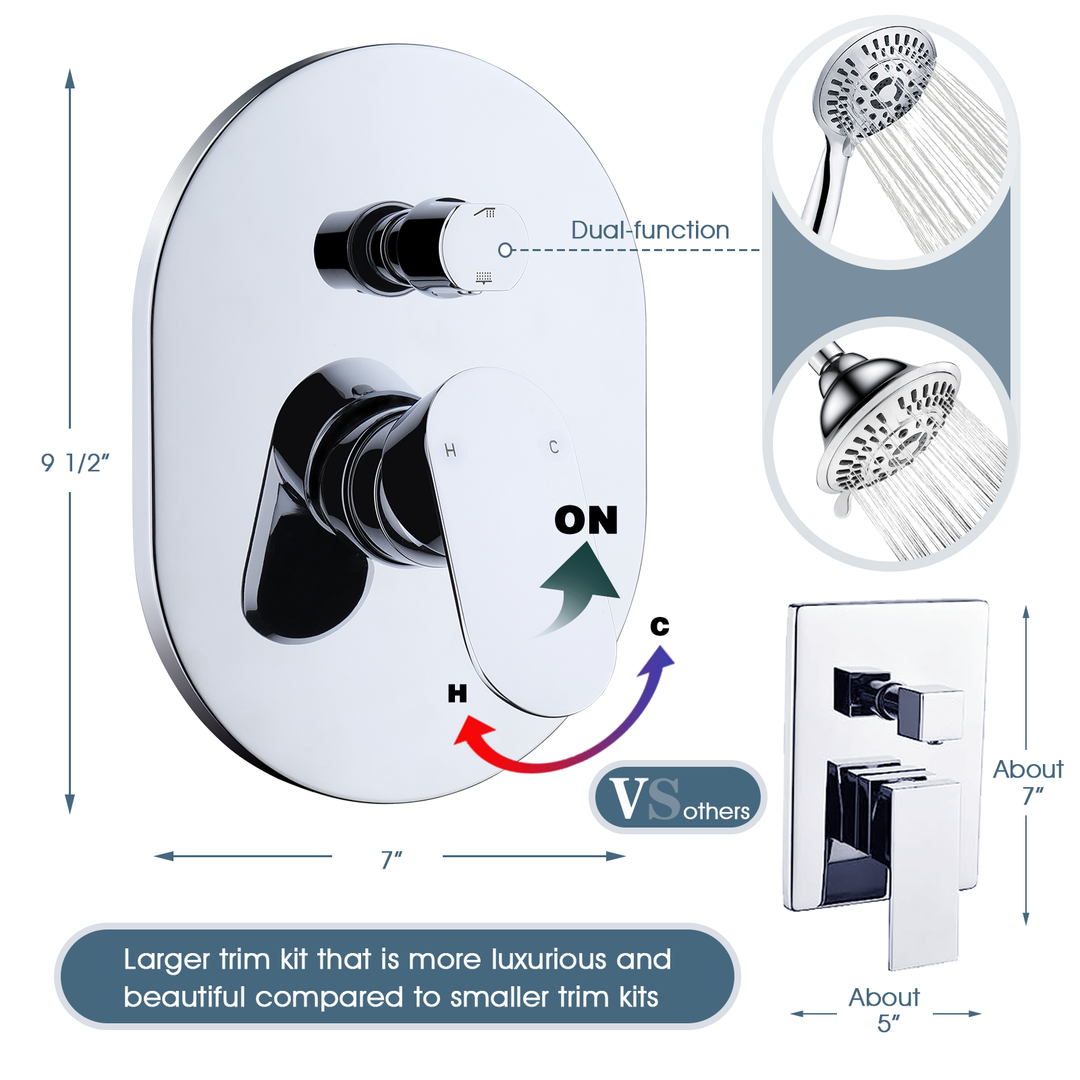 BRIGHT SHOWERS Rainfall Shower Head with High Rise Shower Arm, Shower Head Combo, Shower Valve,  Shower Trim Kit (FT20350)