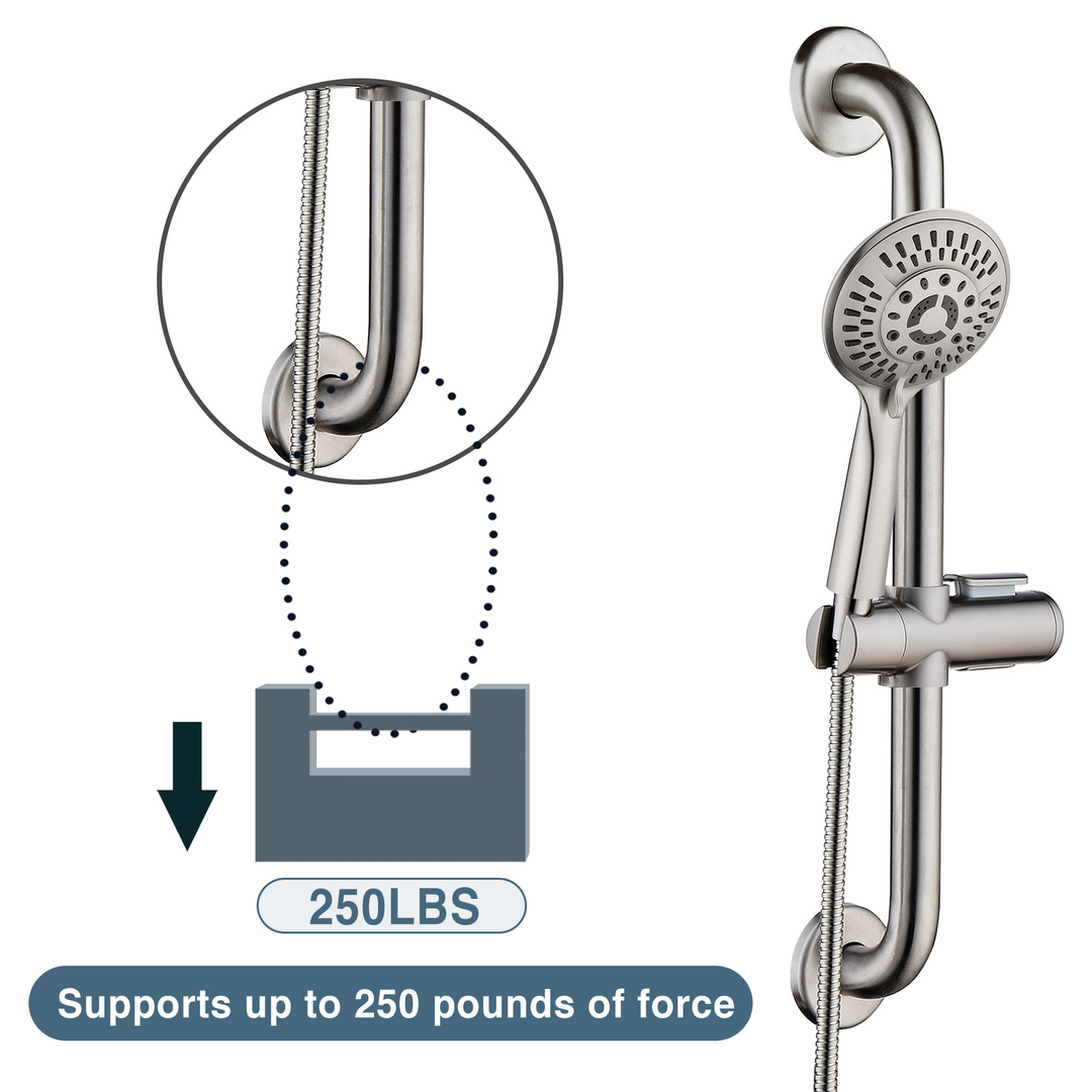 BRIGHT SHOWERS Stainless Steel Slide Bar Grab Rail Set Ada compliant Includes Handheld Shower Head and 79'' Hose (BSB2240)