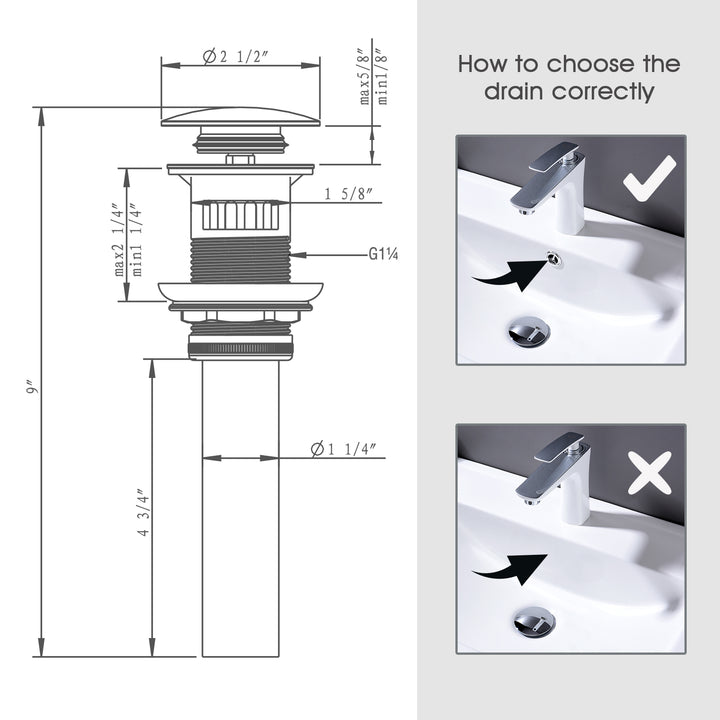 BRIGHT SHOWERS Bathroom Sink Drain with Overflow Pop-Up Drain Stopper for Vessel Sink Lavatory Vanity, Anti-Explosion and Anti-Clogging (BBA0401)