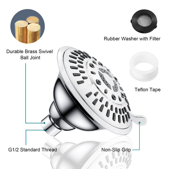 BRIGHT SHOWERS Shower Head High Pressure Rain Showerhead 5 Spray Setting Fixed Shower Head Angle Adjustable Bathroom Showerhead (PSH5900)