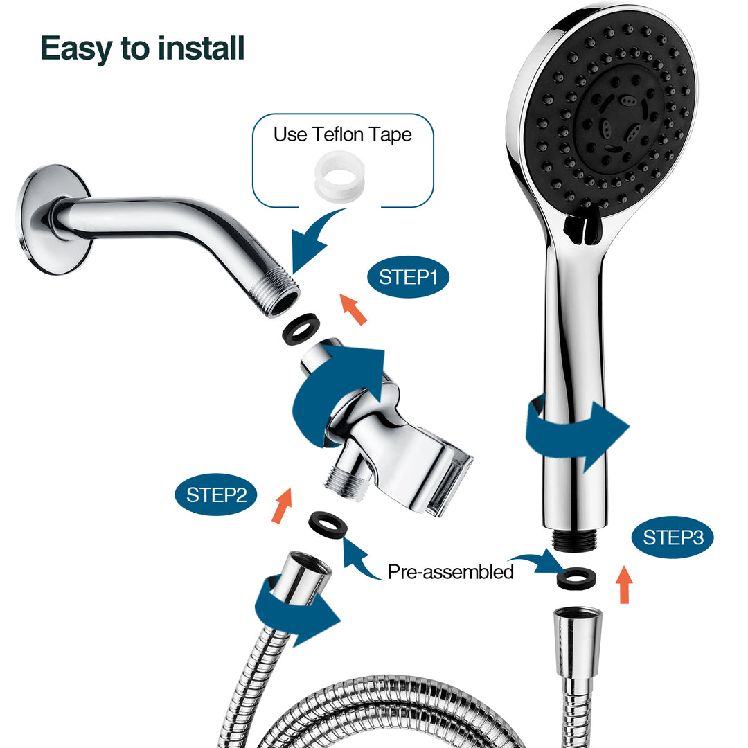 BRIGHT SHOWERS High Pressure 5 Spray Settings Handheld Shower Head Kit, 60 Inch Long Stainless Steel Shower Hose and Adjustable Wall Bracket (PSS5470)