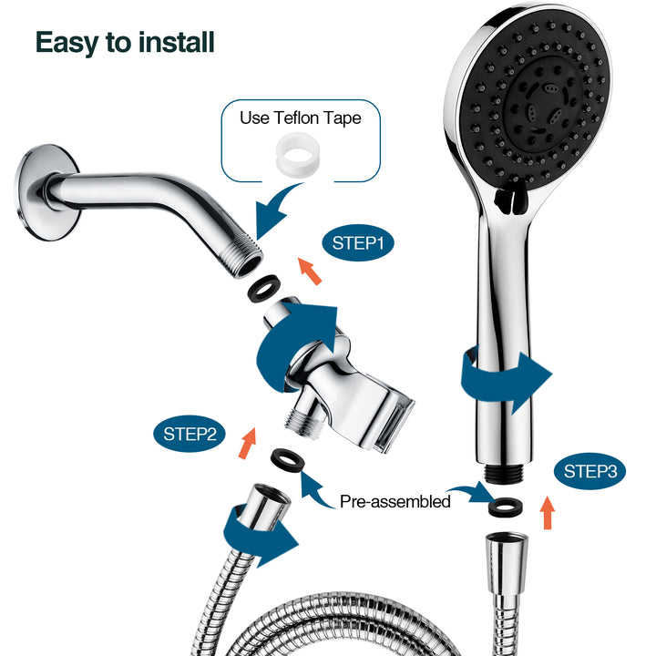 High Pressure 5-Spray Handheld Shower Head Kit, Hose and Wall Bracket