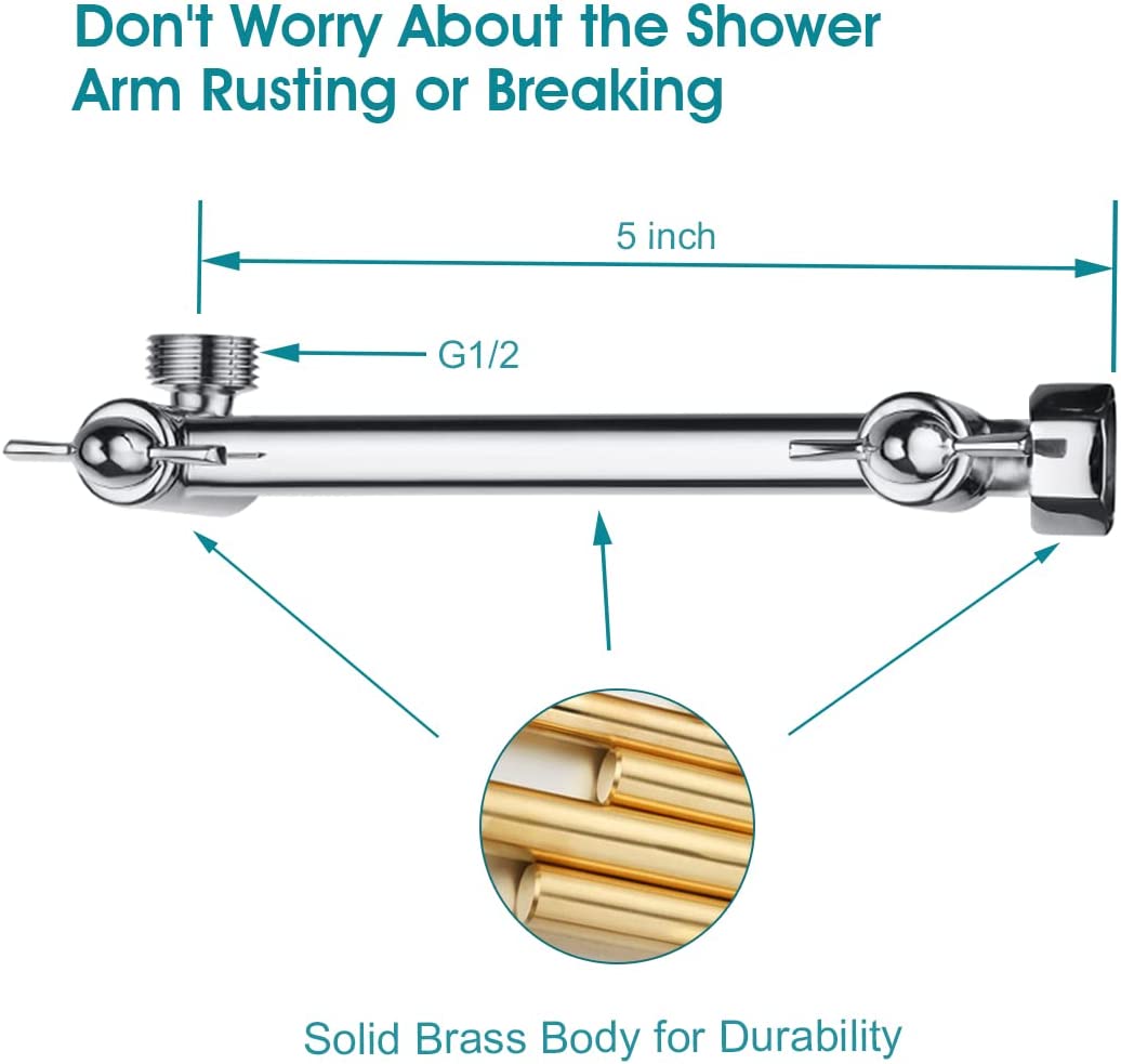 BRIGHT SHOWERS 5 Inch Anti-Corrosion Solid Brass Shower Arm Extender for Rainfall and Handheld Shower Head, Height & Angle Adjustable (BAR0501)