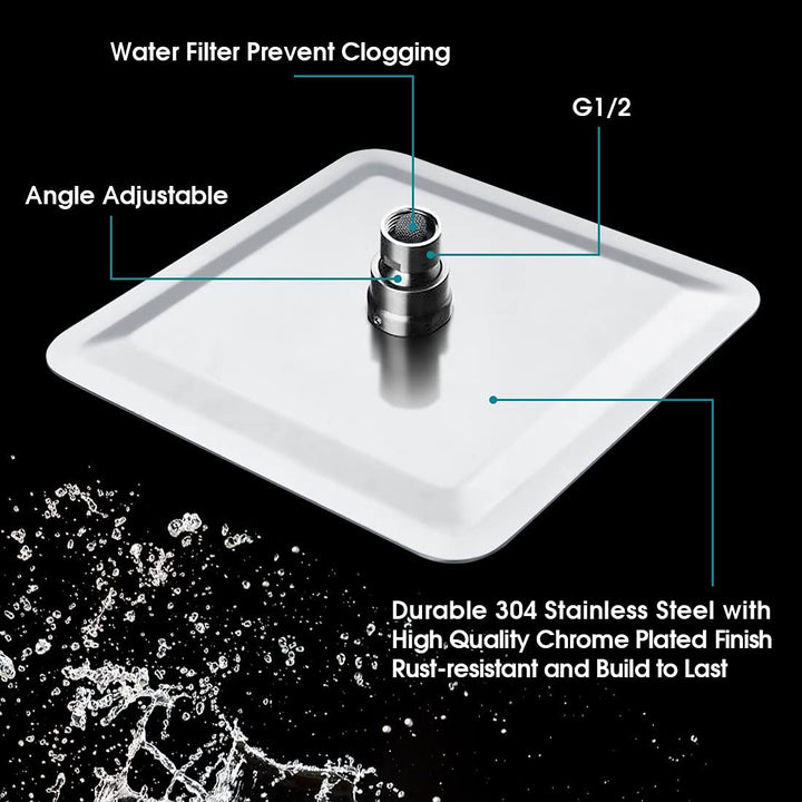 BRIGHT SHOWERS Ultra Thin Square Design 8 Inch High Pressure Stainless Steel Rainfall Showerhead with 10 Inch Adjustable Extension Arm Combo (BAS1830)