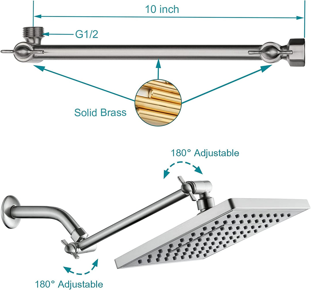 BRIGHT SHOWERS Rain Shower Head with 10 Inch Adjustable Extension Arm Combo, 8 Inch Square Showerhead for Vertical Waterfall Experience (PAS1807)