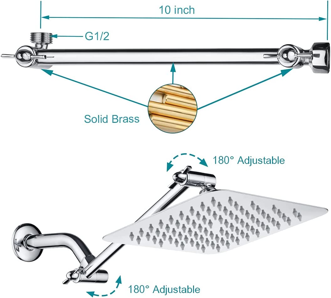 8 Inch High Pressure Rainfall Showerhead with 10 Inch Adjustable Extension Arm