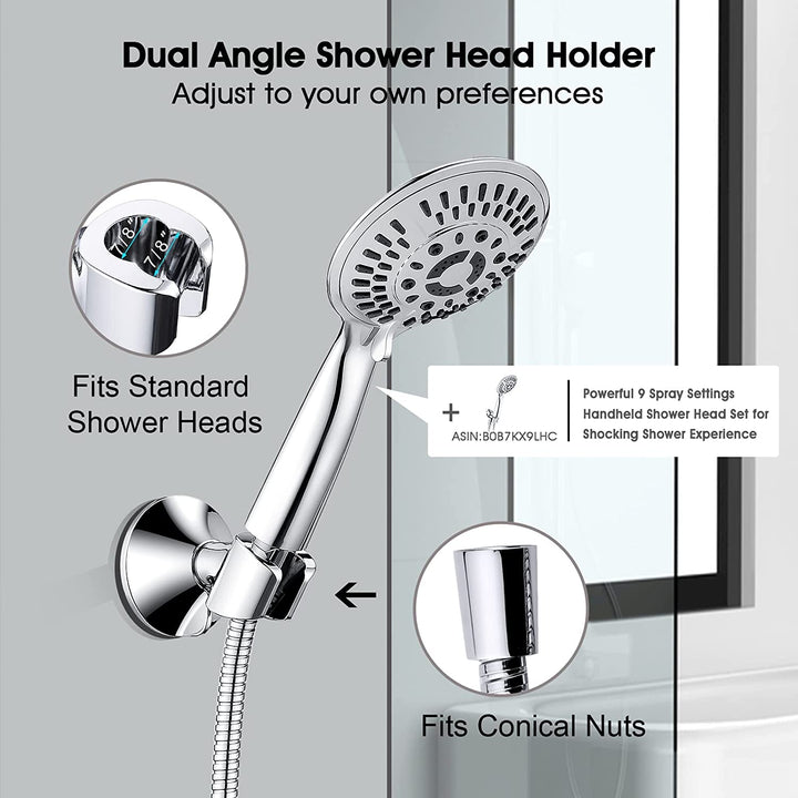 BRIGHT SHOWERS Handheld Shower Head Holder with Dual Angle Positions, Wall Suction Bracket Includes Adhesive 3M Disc, No Tools Required and Easy Installation