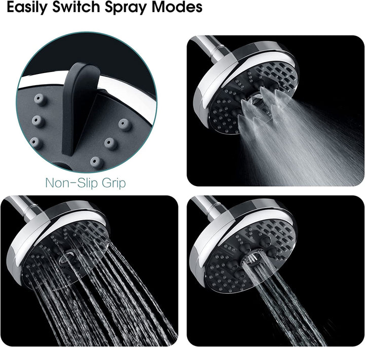 BRIGHT SHOWERS 4.6 Inch 3 Spray Settings Fixed Rainfall Shower Head with Adjustable Metal Swivel Ball Joint for Luxury Shower Experience (PSH3211)