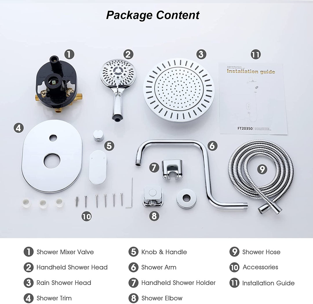 BRIGHT SHOWERS Rainfall Shower Head with High Rise Shower Arm, Shower Head Combo, Shower Valve,  Shower Trim Kit (FT20350)