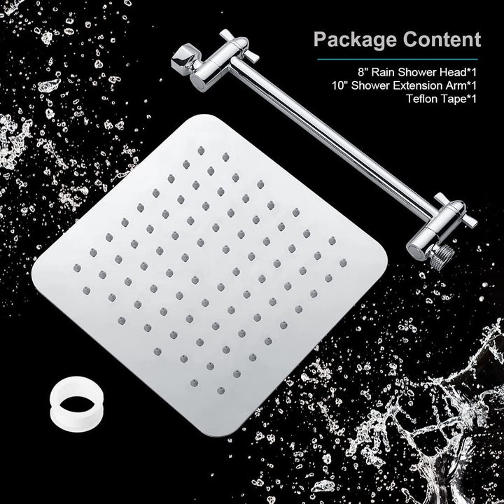 BRIGHT SHOWERS Ultra Thin Square Design 8 Inch High Pressure Stainless Steel Rainfall Showerhead with 10 Inch Adjustable Extension Arm Combo (BAS1830)