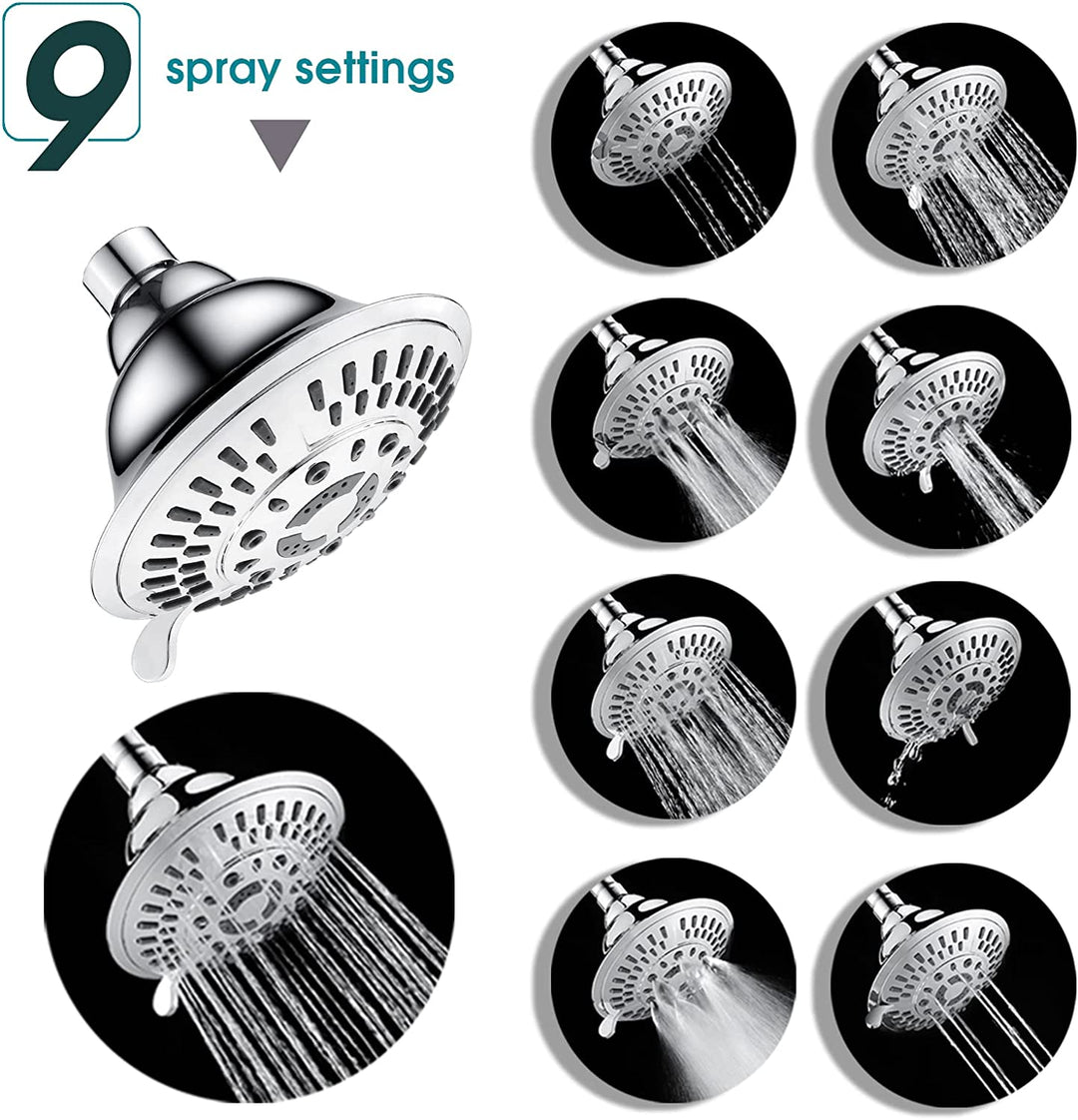  BRIGHT SHOWERS 9 Spray Settings Rain Showerhead High Pressure Shower Head, Angle Adjustable Fixed Shower Head Luxury Bathroom Showerhead