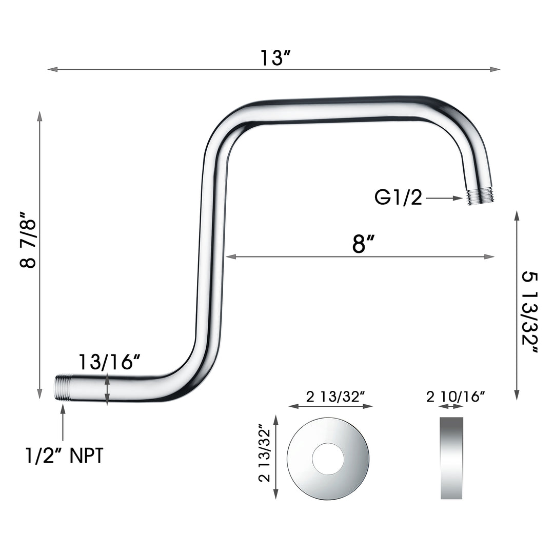 BRIGHT SHOWERS 13 Inch Shower Head Extension Arm with Flange S Shaped High Rise Extender, Long Stainless Steel Rainfall Shower Head Pipe Arm