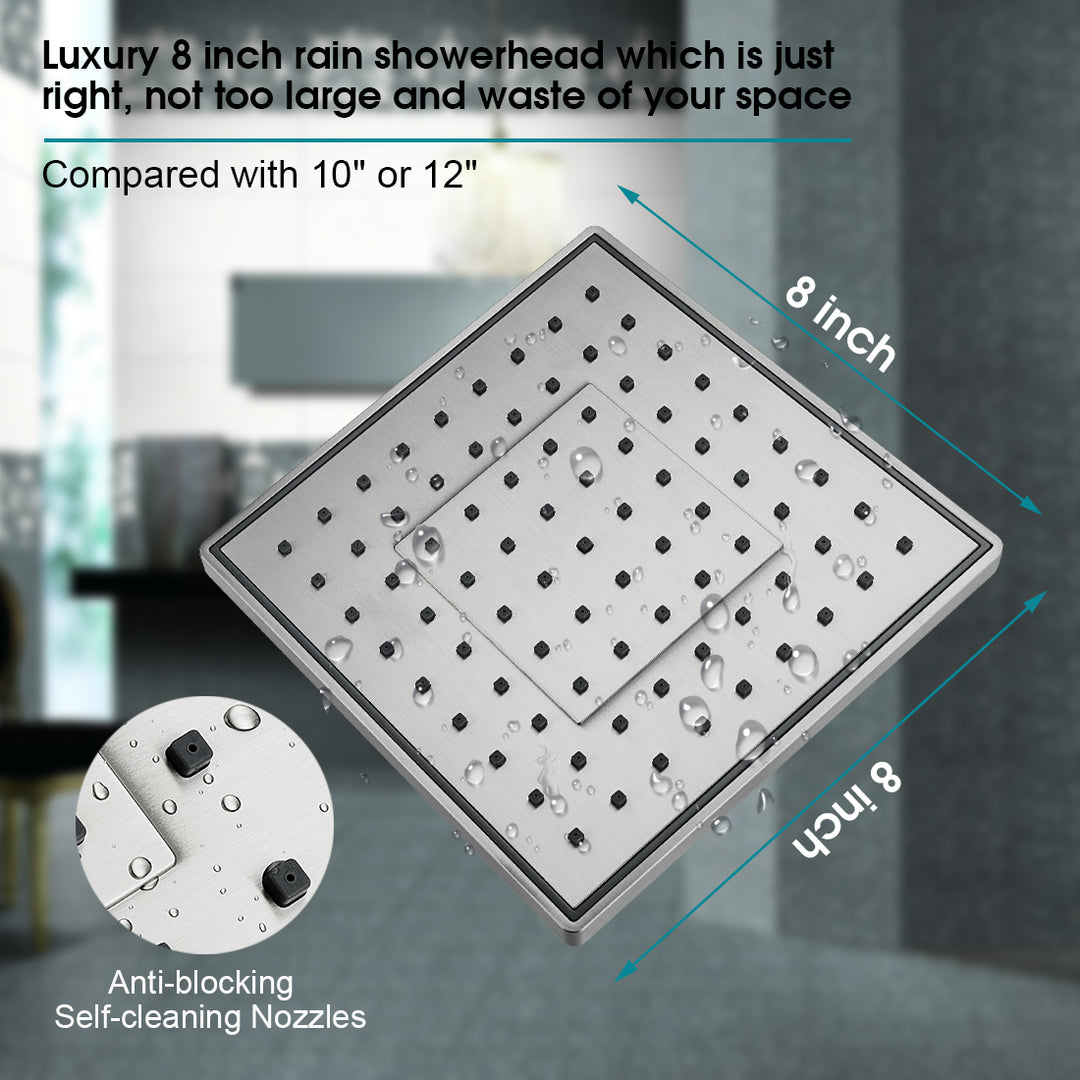 BRIGHT SHOWERS 8 Inch Anti-blocking High Pressure Square Showerhead with Large Spray Surface, Angle Adjustable, Tool-Free Installation (PRS1807)