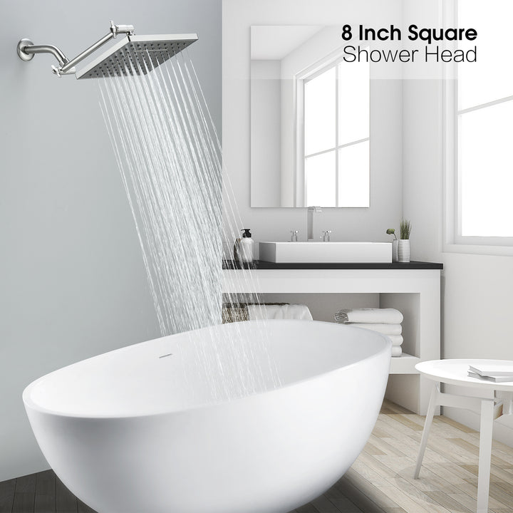 BRIGHT SHOWERS 8 Inch Anti-blocking High Pressure Square Showerhead with Large Spray Surface, Angle Adjustable, Tool-Free Installation (PRS1807)