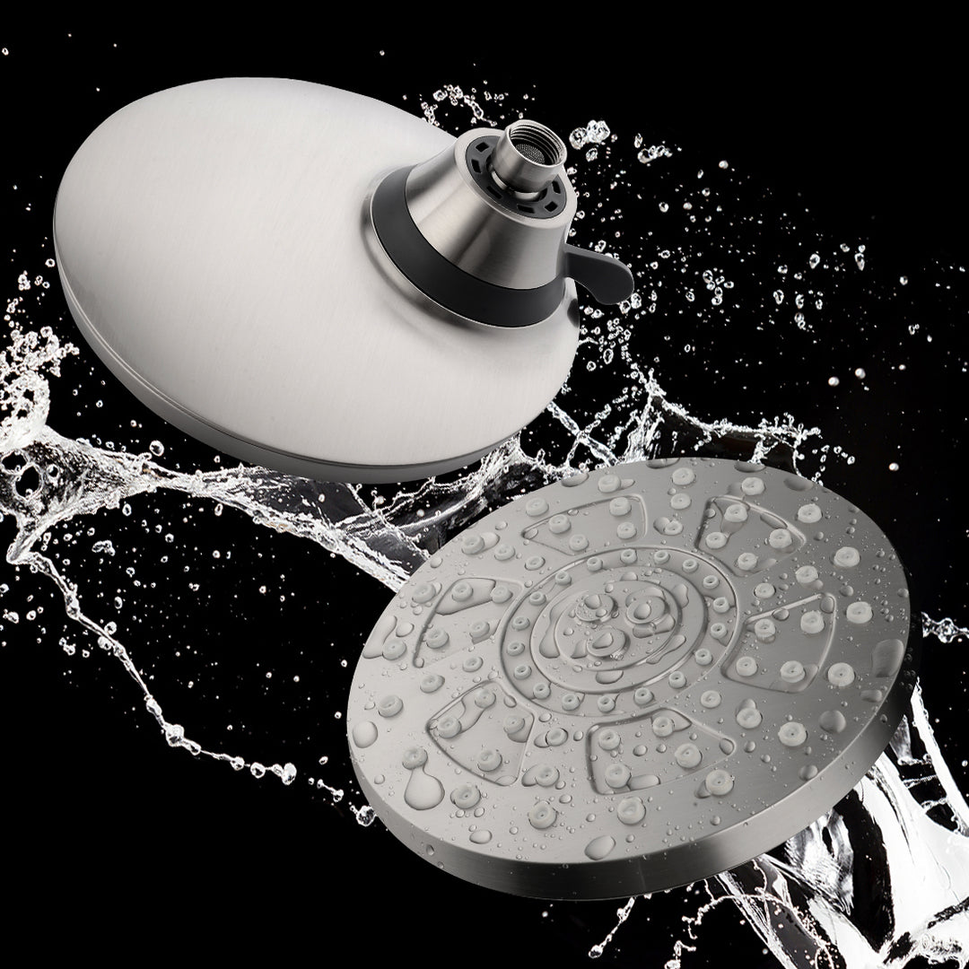 BRIGHT SHOWERS 8 Inch Rain Shower Head with 4 Spray Settings, Fixed Rainfall Showerhead, Adjustable Ball Joint (PRS4540)