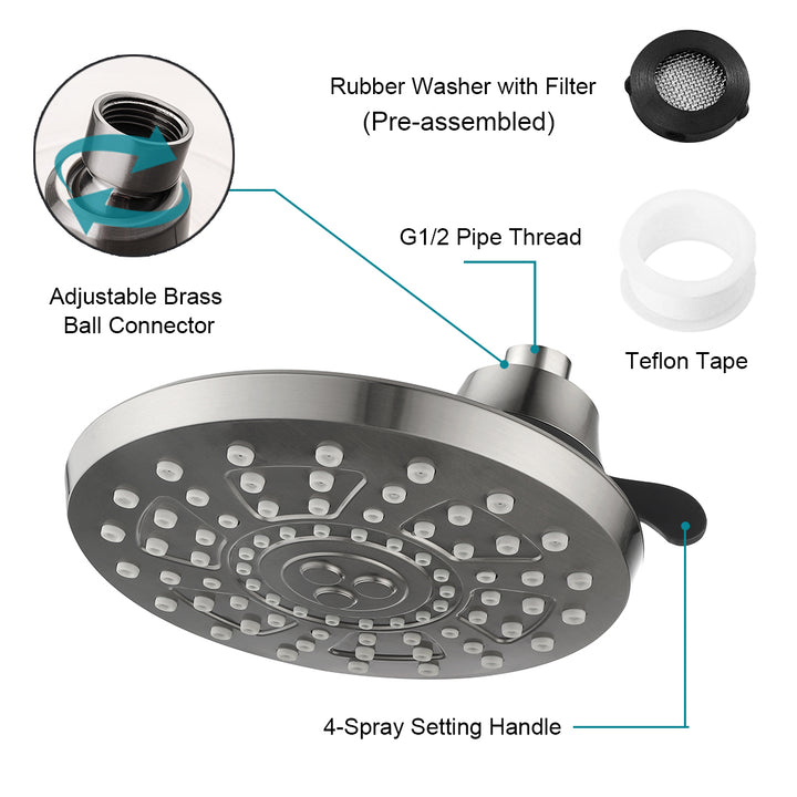 BRIGHT SHOWERS 8 Inch Rain Shower Head with 4 Spray Settings, Fixed Rainfall Showerhead, Adjustable Ball Joint (PRS4540)